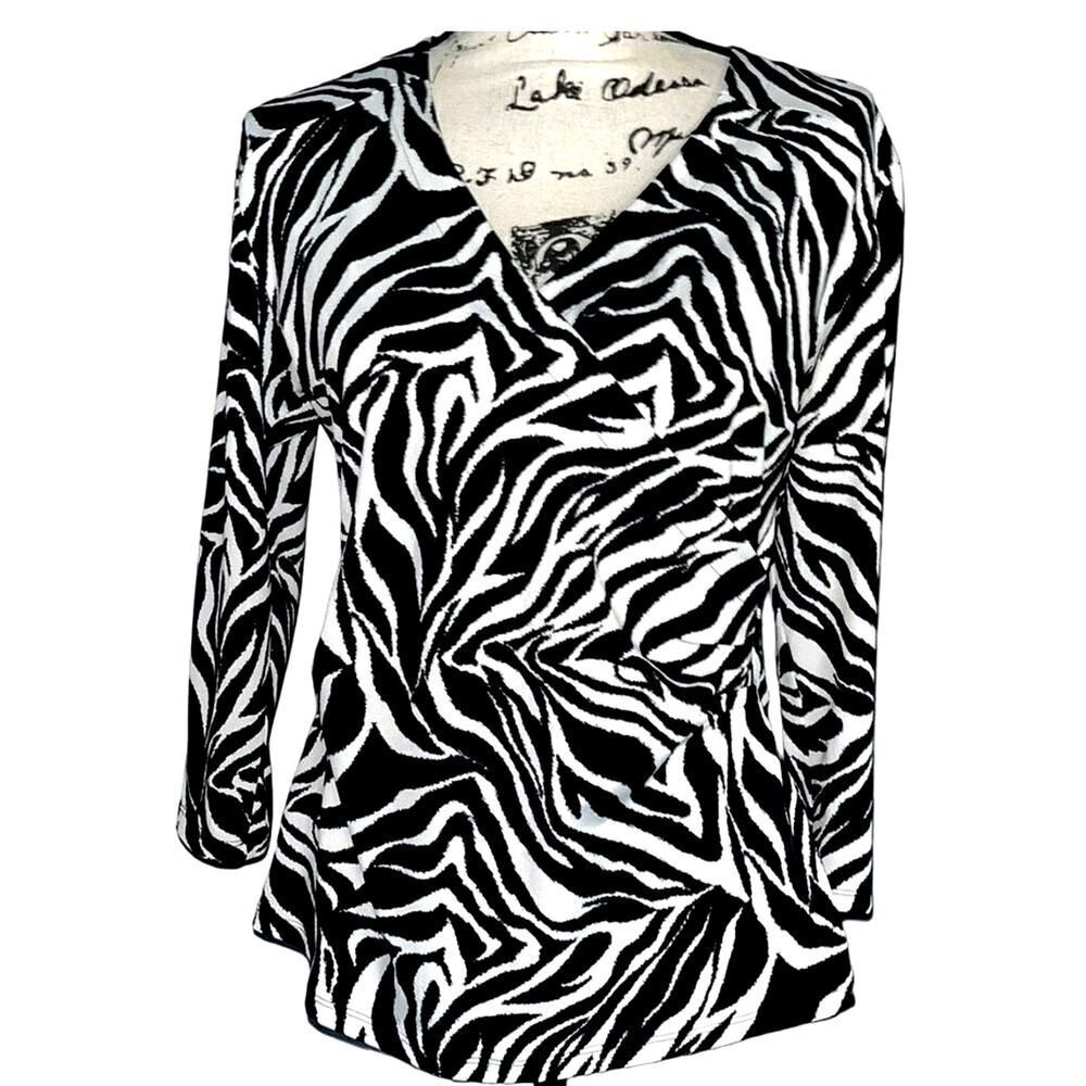 Peck & Peck black‎ and white zebra print faux wrap blouse medium
